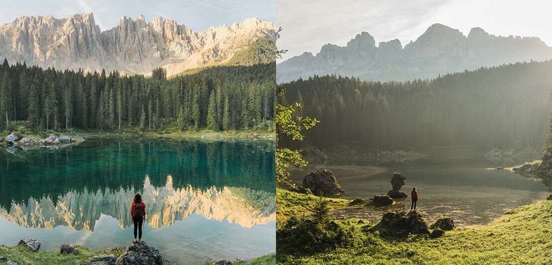 Frau vor einem Bergsee, dahinter Wald und die hoch aufragenden Dolomiten. 