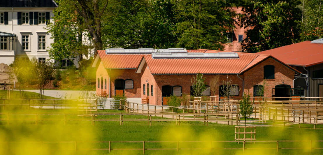 Weiden und Stallungen vor einem Herrenhaus