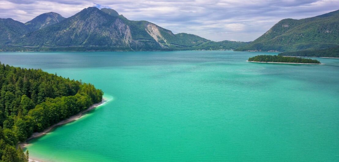 Aufsicht eines Sees mit türkisgrünem Wasser, umgeben von Wald vor Bergpanorama