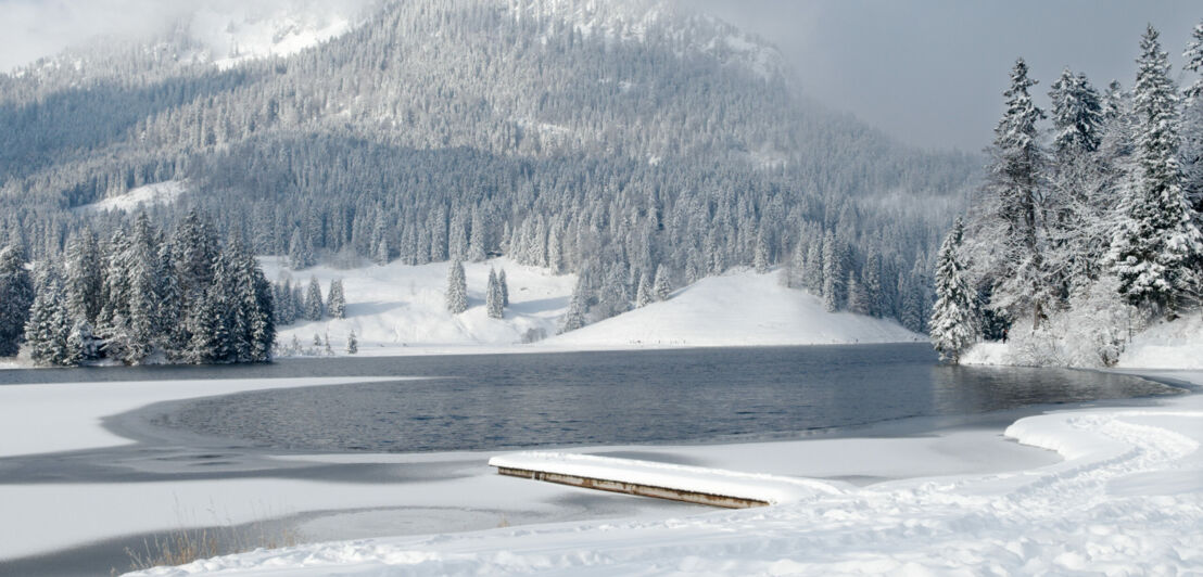 Blick auf den winterlichen Spitzingsee.