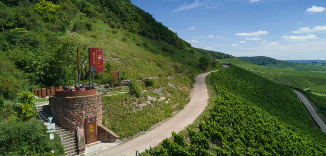 Ein kleines rundes Steingebäude in einem Weinberg