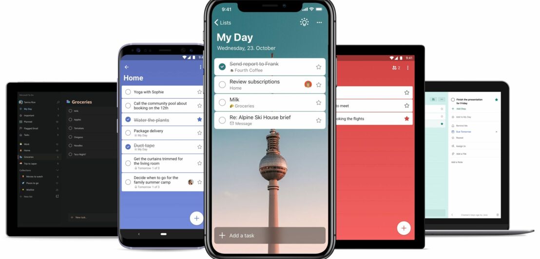 Mehrere Screens, die die App Microsoft To Do zeigen