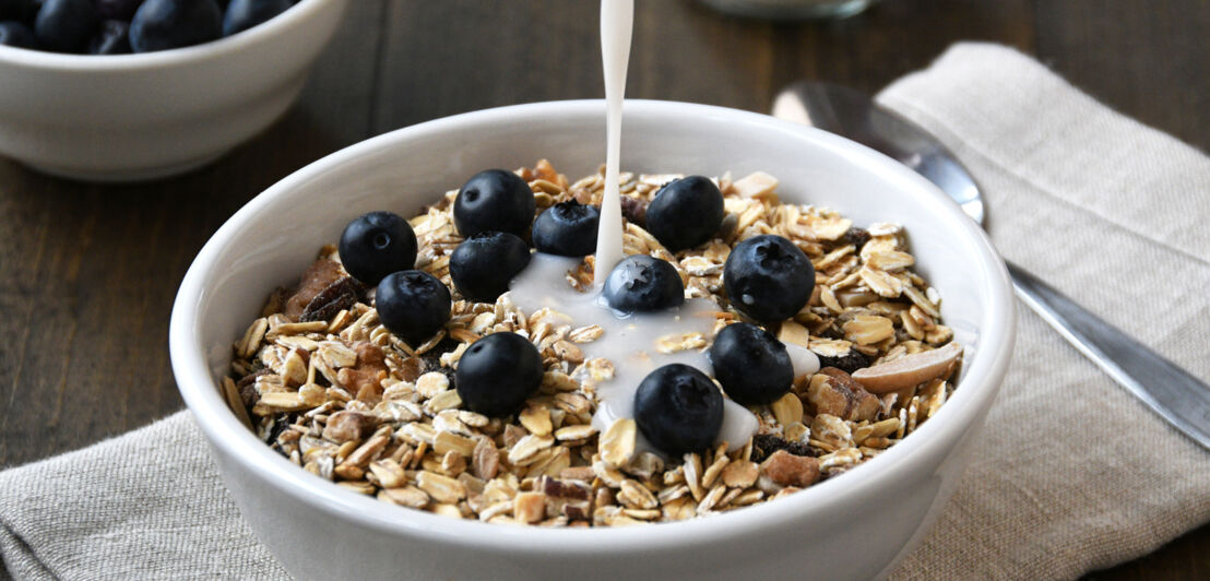 In einer Schale ist ein Müsli mit Heidelbeeren angerichtet und wird mit Nussmilch übergossen.