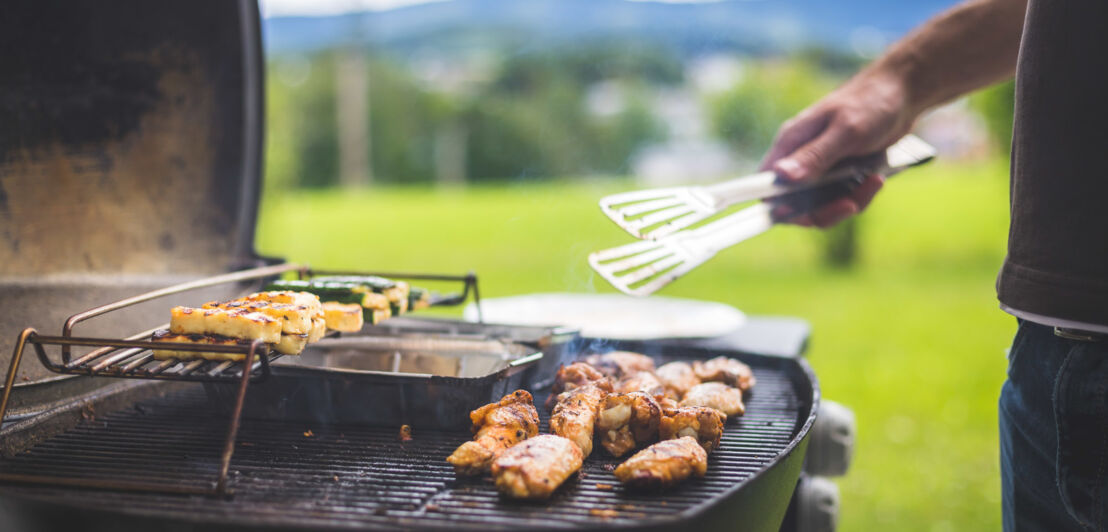 Hühnerflügel, Käse und Gemüse auf dem Gasgrill