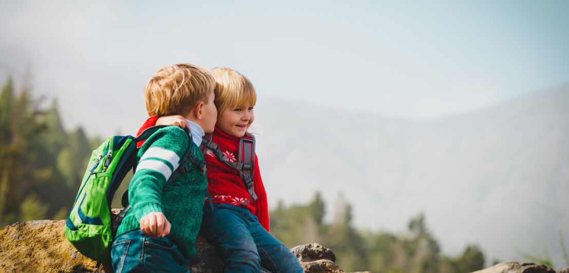 Zwei kleine fröhliche Kinder sitzen auf einem Stein vor Bergpanorama