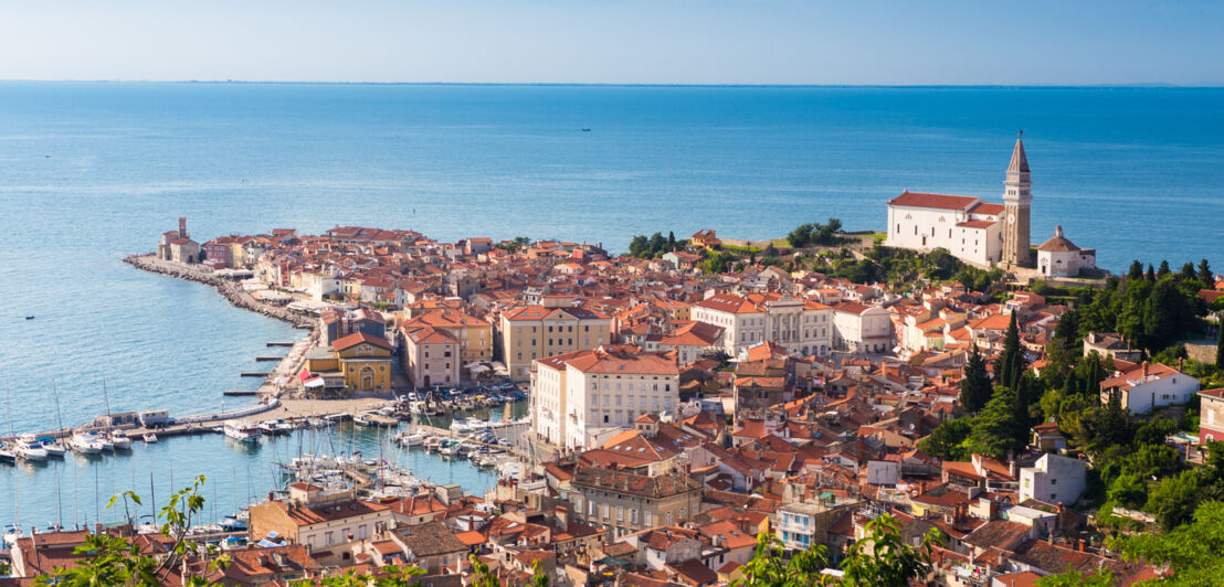 Blick auf die slowenische Stadt Piran am Mittelmeer