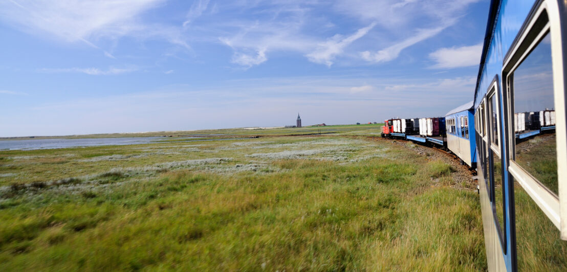 Blick aus einer Eisenbahn, die durch eine sumpfige Grasebene fährt