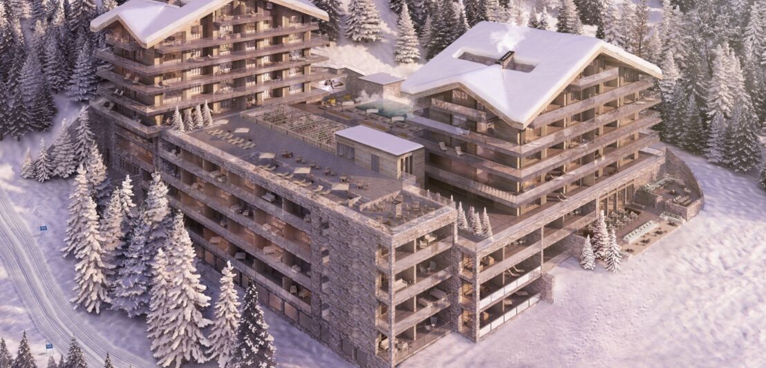 Rendering eines modernen Resorts umgeben von einer Winterlandschaft