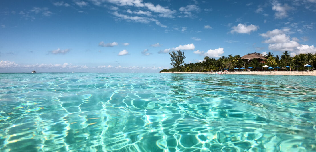 Ein tropischer Strand mit kristallklarem Wasser im Vordergrund