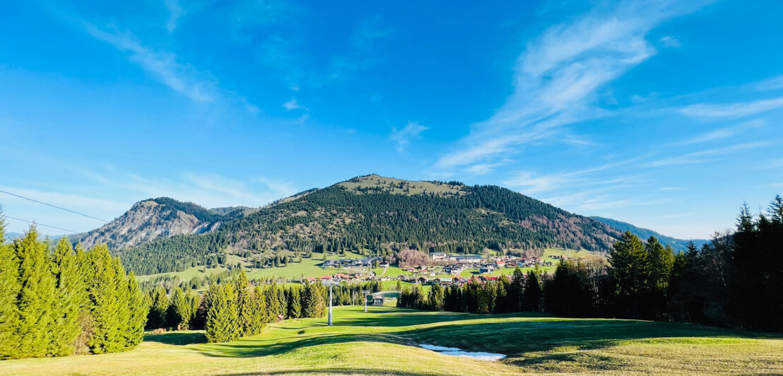 Blick von einer Wiese auf Berge.