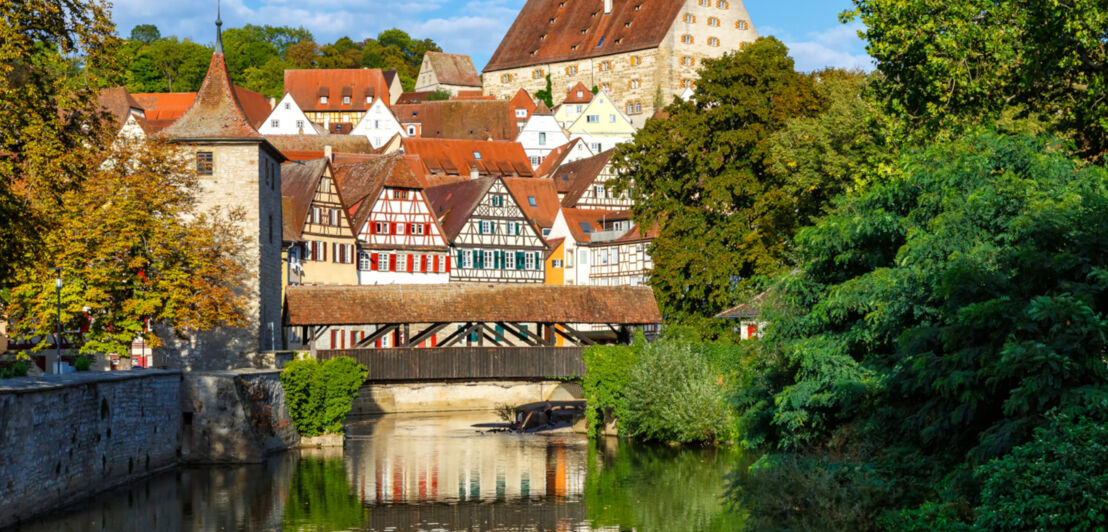 Fachwerkhäuser und Bäume an einem Fluss