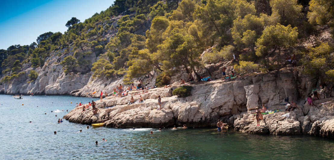 Bewachsene Felsen ragen ins Meer, in dem Menschen schwimmen