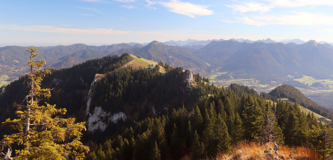 Bewaldeter Bergkamm vor Gebirgslandschaft.