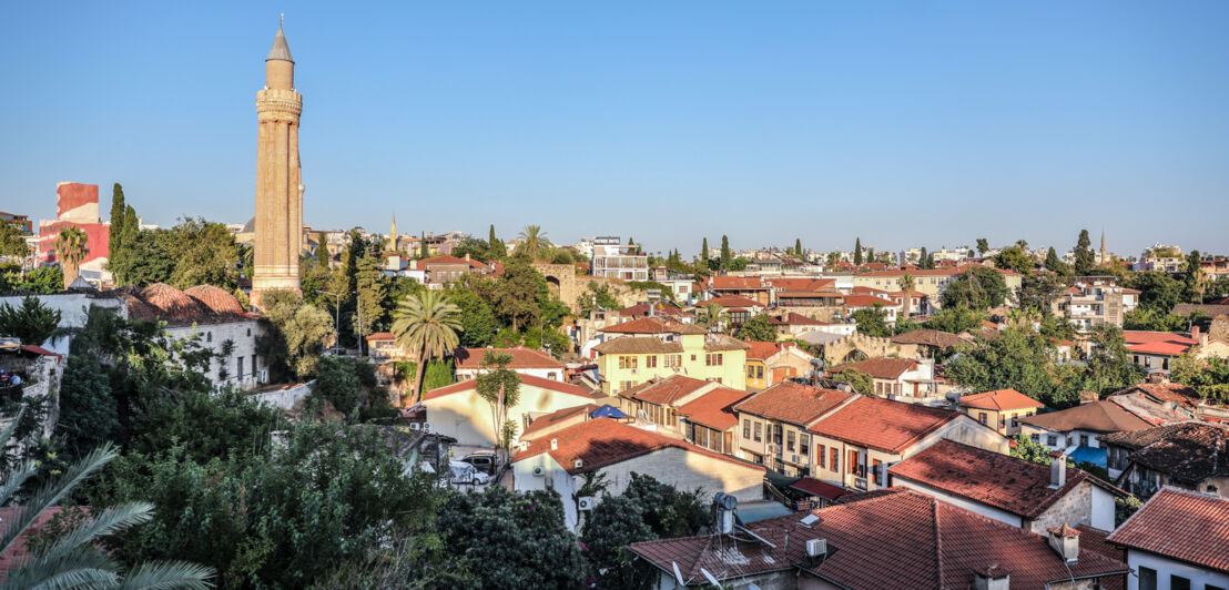 Eine Stadt mit vielen kleinen Häusern und Palmen, an dessen Rand der Turm eines Minaretts herausragt.