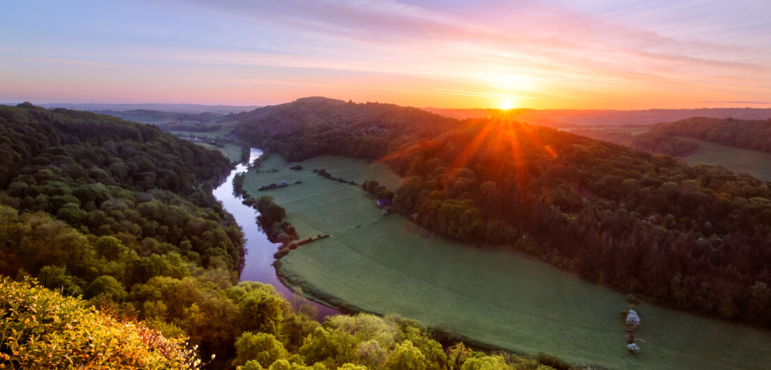 Blick auf ein grünes Flusstal, umgeben von Waldlandschaft, bei Sonnenaufgang.