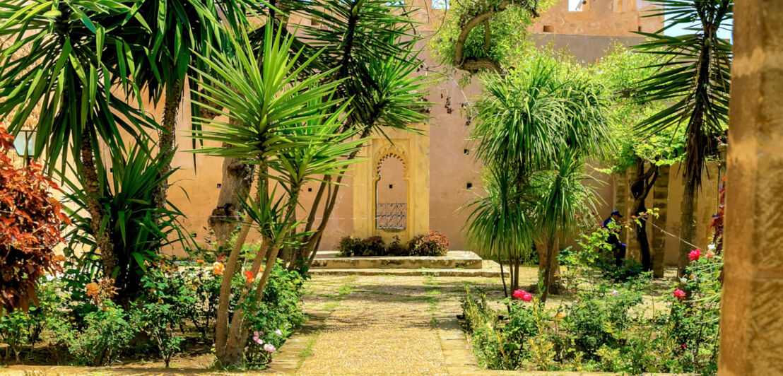 Kleiner Garten mit Palmen im maurischen Stil.