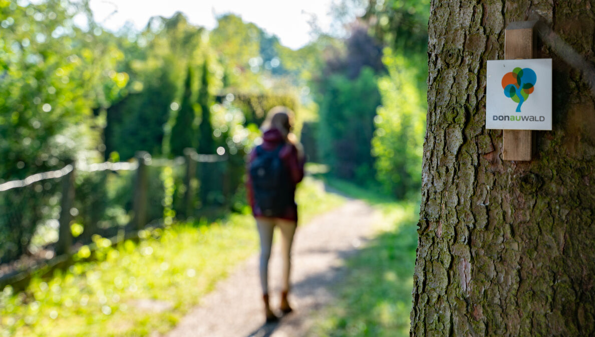 Eine Frau geht einen geschotterten schmalen Wanderweg entlang