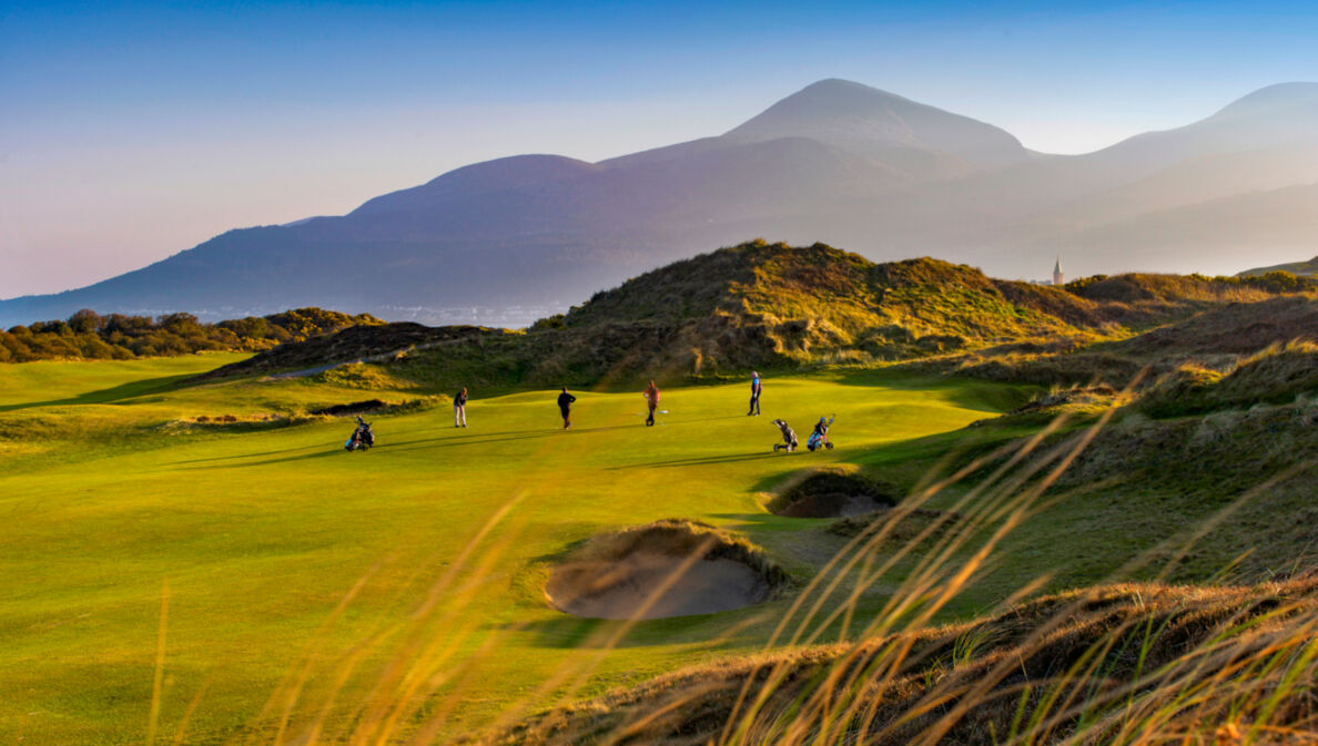 Vier Golfende während der Abenddämmerung auf einem Golfplatz