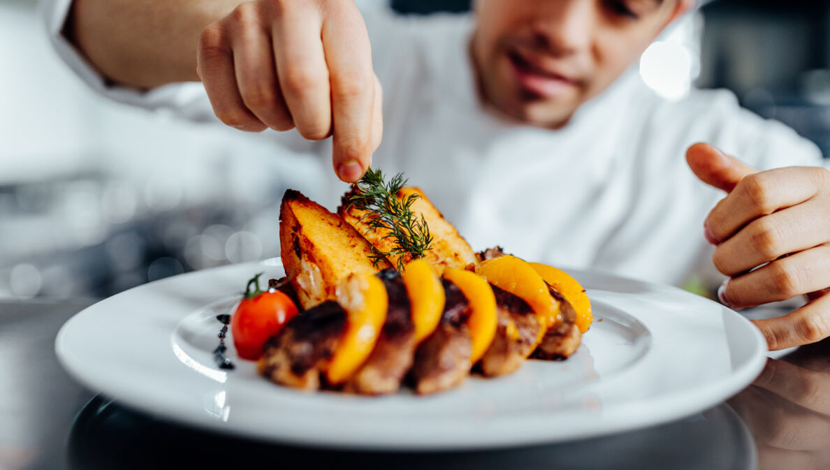 Ein junger Koch dekoriert ein angerichtetes Gourmet-Essen mit Kräutern