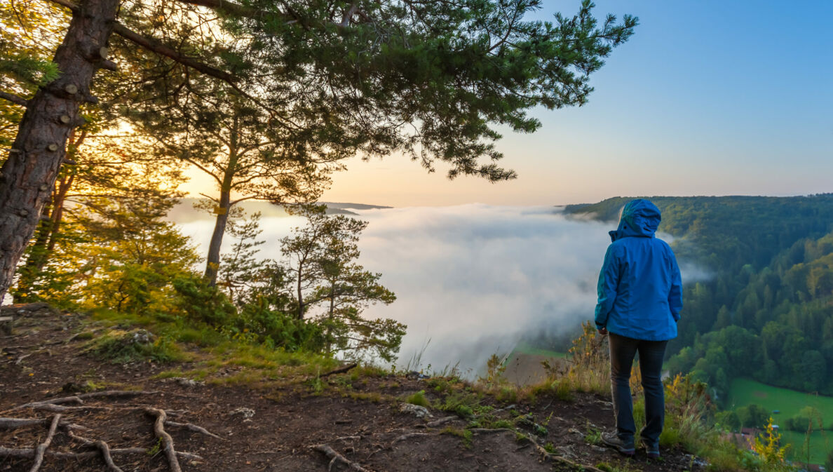 Frau in blauer Funktionsjacke blickt in ein Tal voller Nebel