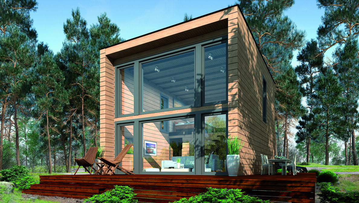 Ein modernes Blockhaus mit bodentiefer Glasfront und Terrasse im Wald