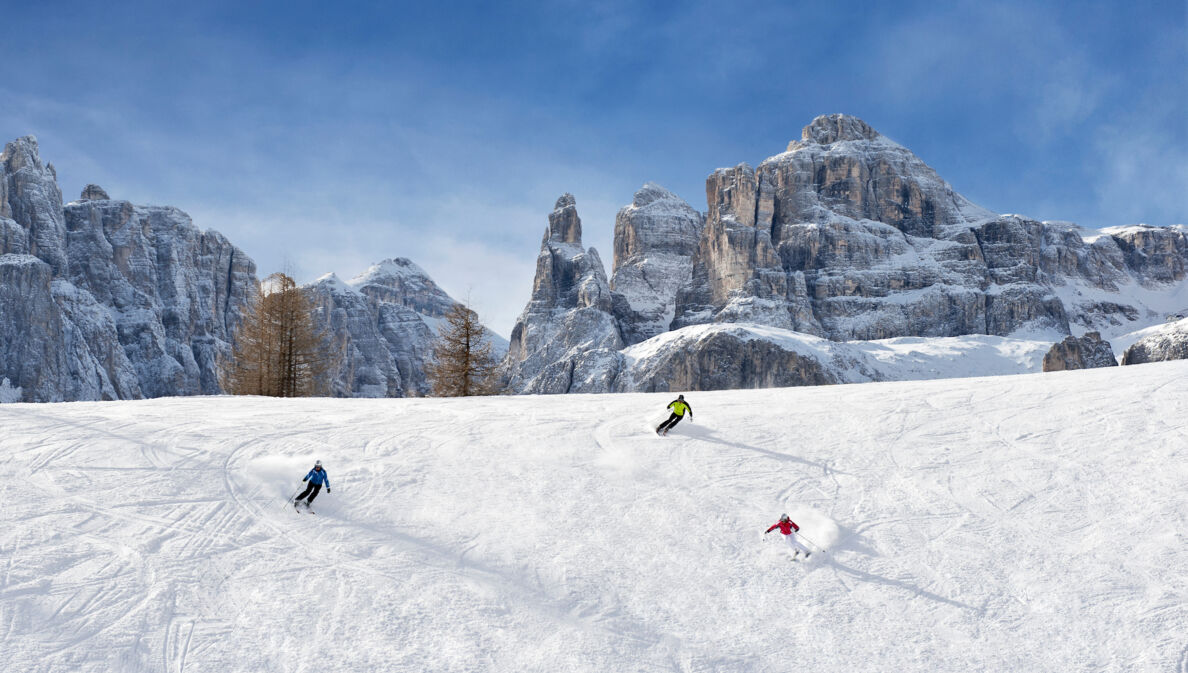 Panorama einer Skipiste mit drei Skifahrern vor markanten Felsformationen eines Bergmassivs