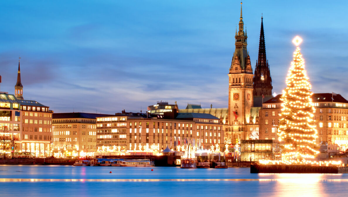 Erleuchtetes Panorama von Hamburg mit Rathaus und Weihnachtsbaum an der Alster