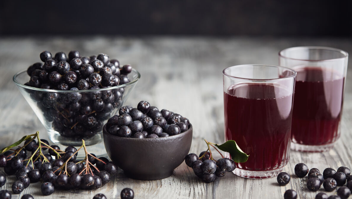 Saft aus Aroniabeeren und Aroniabeeren in Gläsern