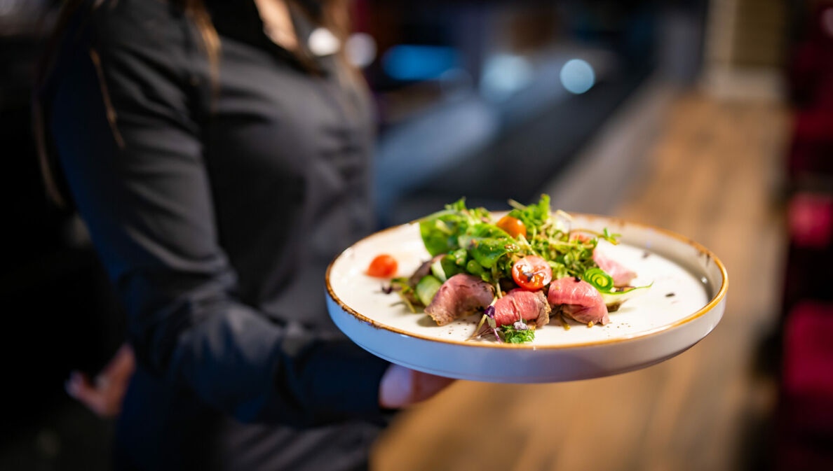 Eine Person hält einhändig einen Teller, auf dem ein Salat angerichtet ist.