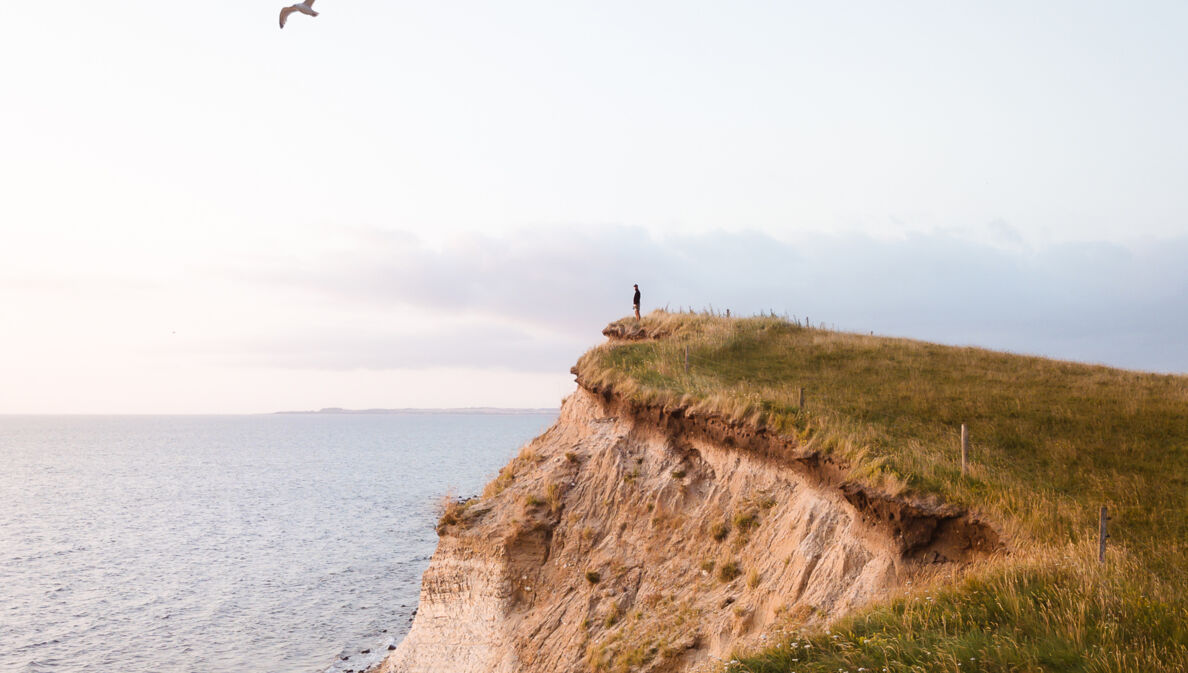 Eine Person steht auf einer Klippe und blickt aufs Meer