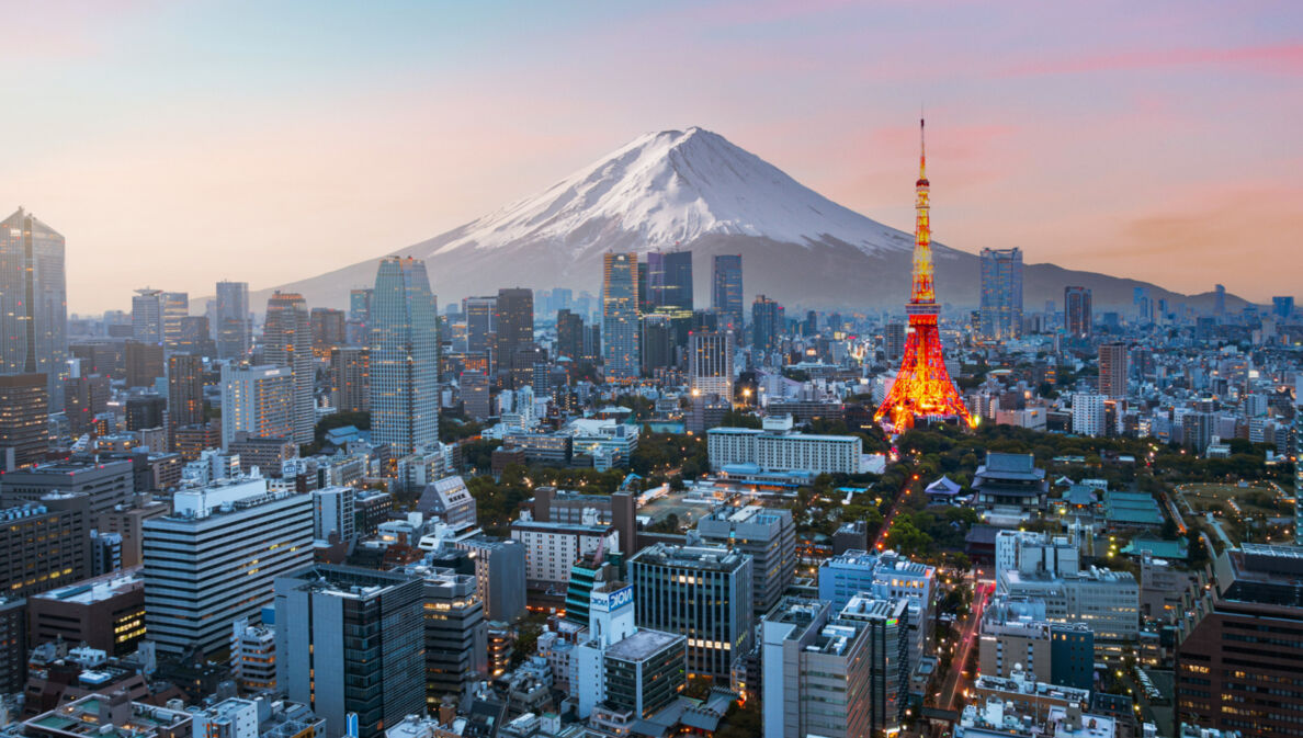 Skyline von Tokio mit beleuchtetem Fernsehturm vor schneebedecktem Fuji in der Abenddämmerung