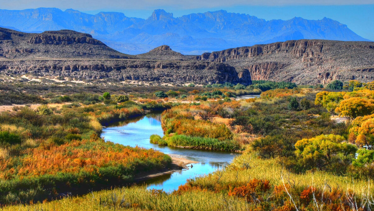 Landschaftspanorama im Big Bend Nationalpark mit mäanderndem Fluss in einer herbstlich gefärbten Graslandschaft vor zwei Gebirgsketten.