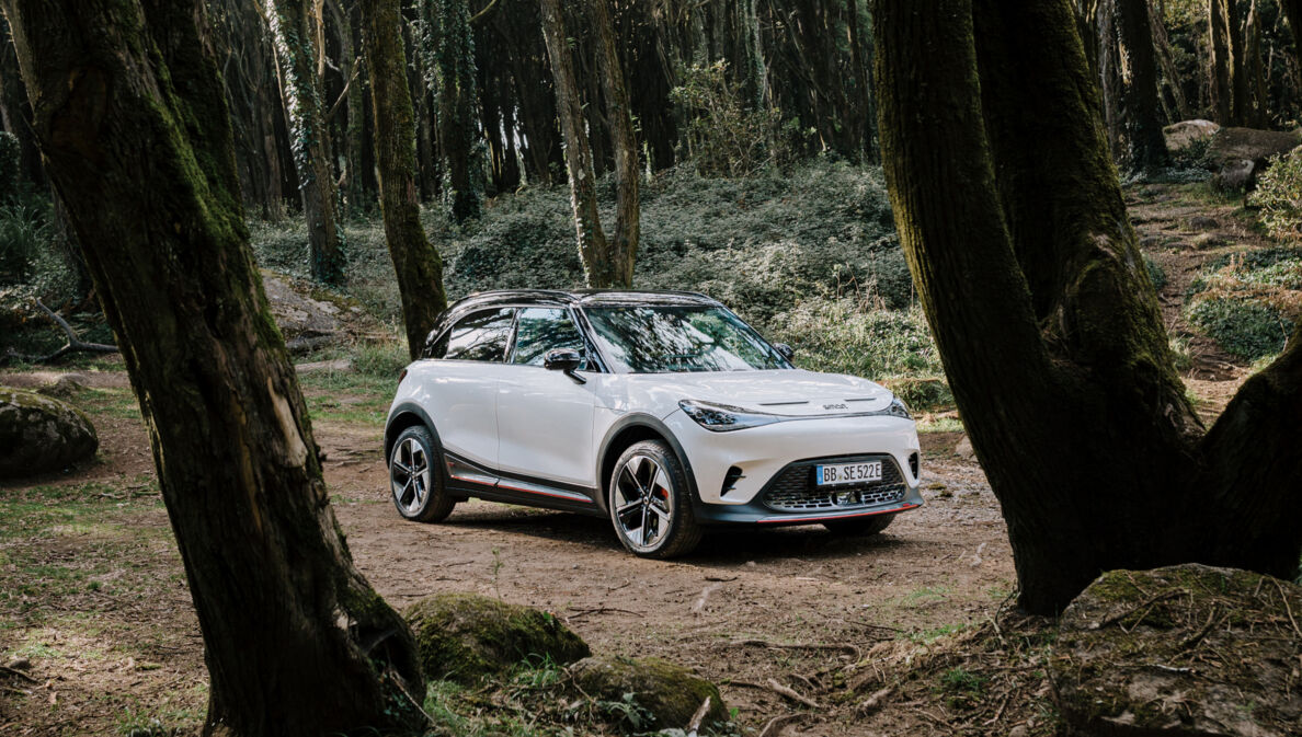 Ein weißer smart #1 BRABUS steht auf einer kleinen Lichtung im Wald. 