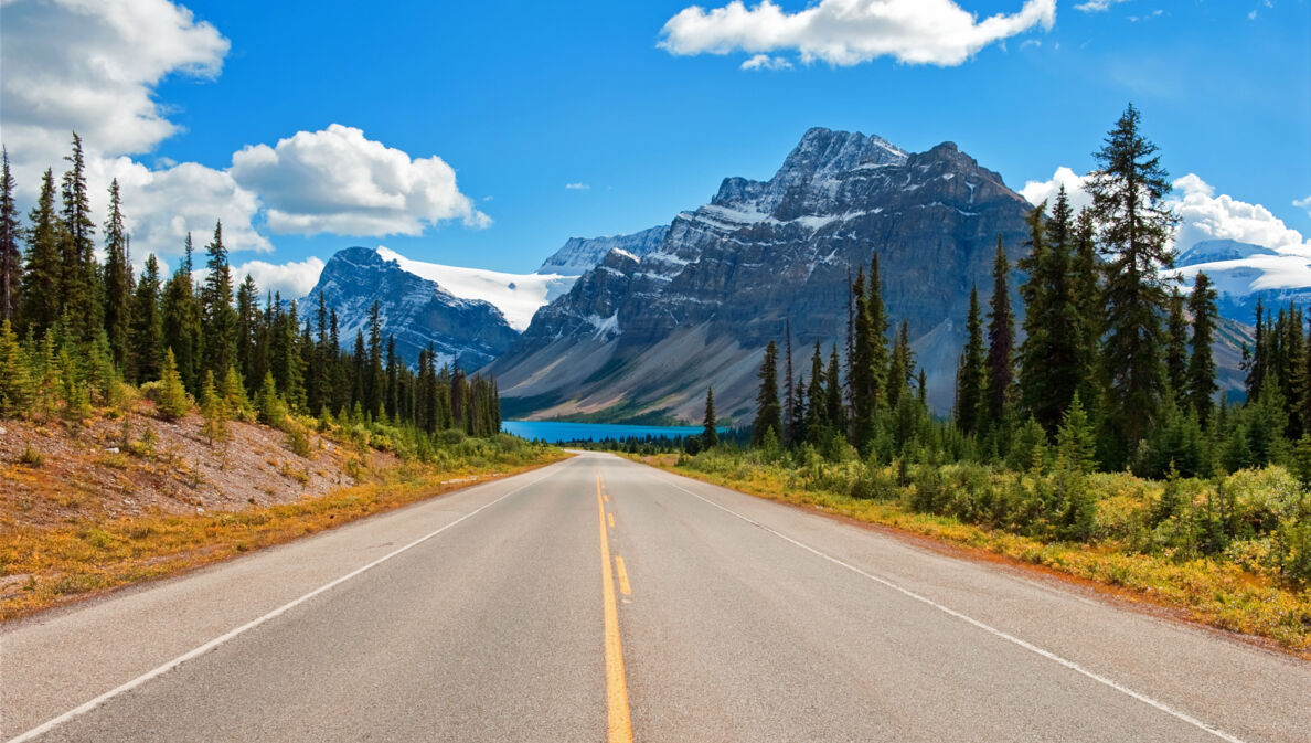 Ein Highway, umringt von Nadelbäumen, im Hintergrund schneebedeckte Berge und ein türkisblauer See.