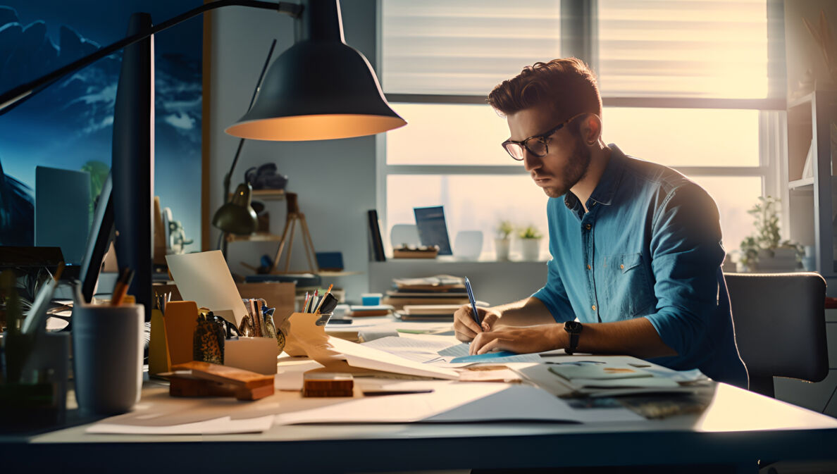 KI-generiertes Bild eines jungen Mannes mit Brille, der an einem Schreibtisch arbeitet und sich Notizen macht.