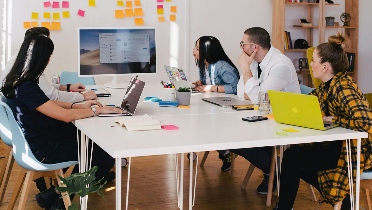 Junges Team arbeitet gemeinsam und schaut auf geteilten Bildschirm