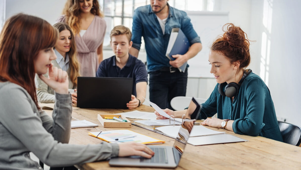 Mehrere Personen im hellen loftartigen Coworking-Space, stylishes Interieur, manche Personen konzentriert am Schreibtisch sitzend oder mit Laptop in einer Lounge-Zone, manche im Gespräch.