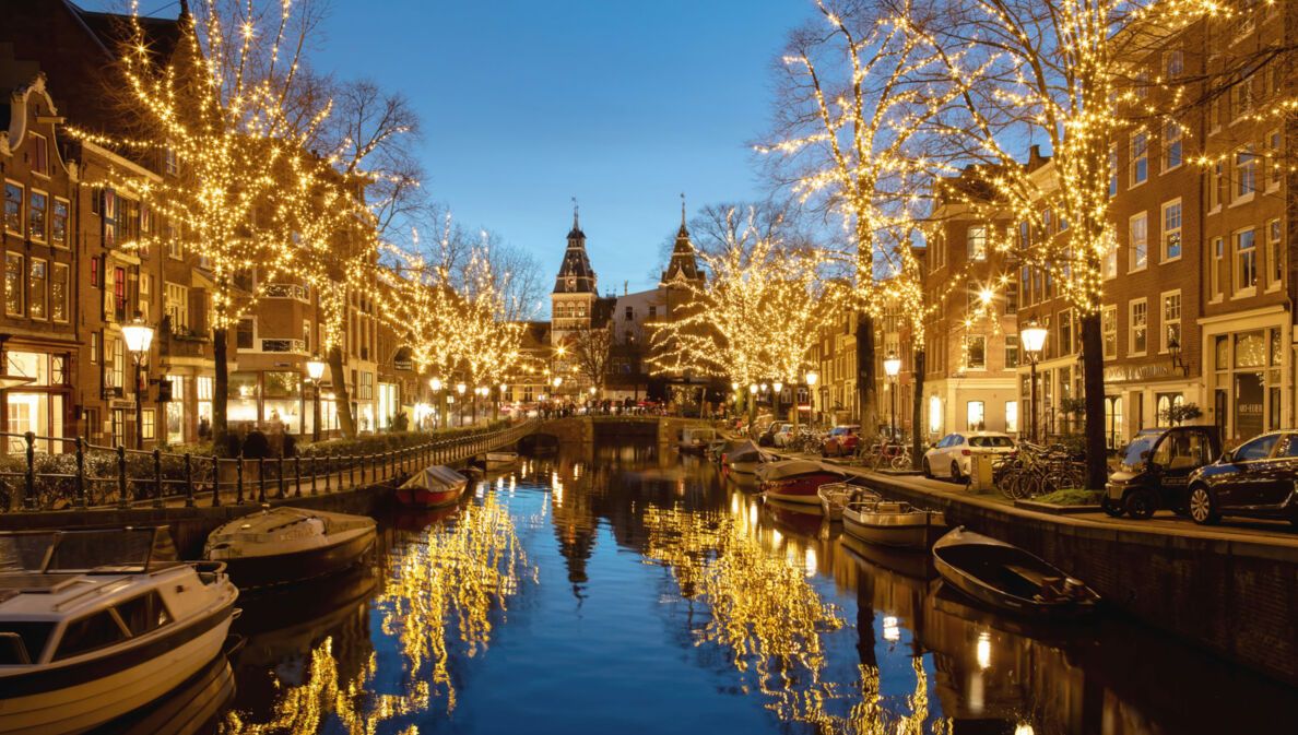 Gracht mit von Lichterketten beleuchteten Bäumen am Abend.