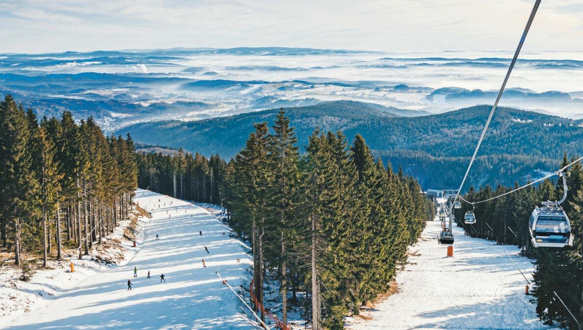 Skilift, der im Riesengebirge über eine Skipiste und Wald verläuft, im Hintergrund Berge.