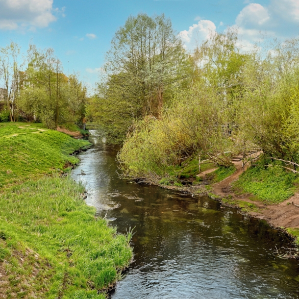 Blick auf den Fluss umgeben von idyllischer Natur