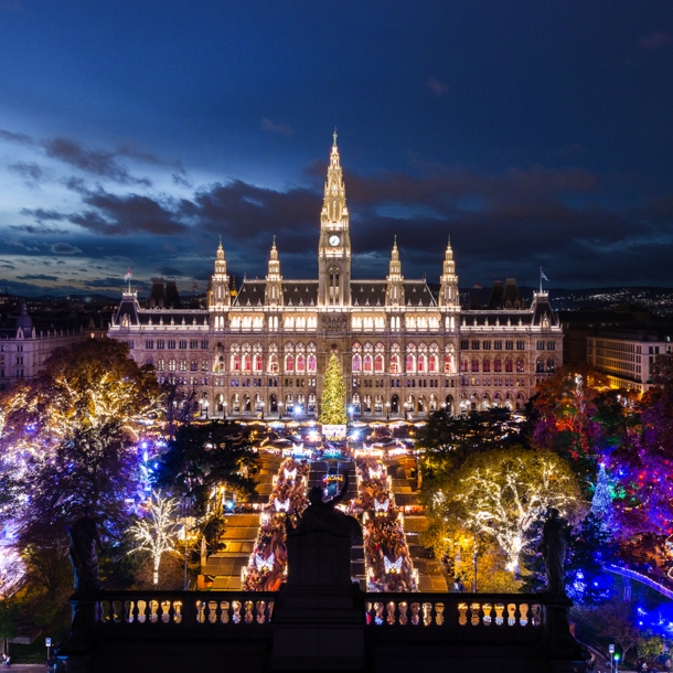 Panoramablick auf das hell erleuchtete Wiener Rathaus und den Rathausvorplatz mit bunt beleuchteten Bäumen bei Nacht