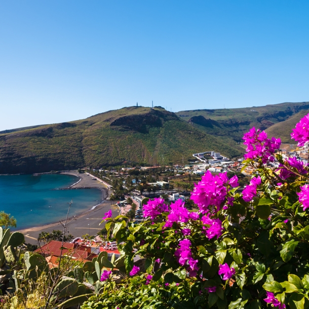 Blick auf die Bucht von Playa de Santiago mit pinken Blumen im Vordergrund