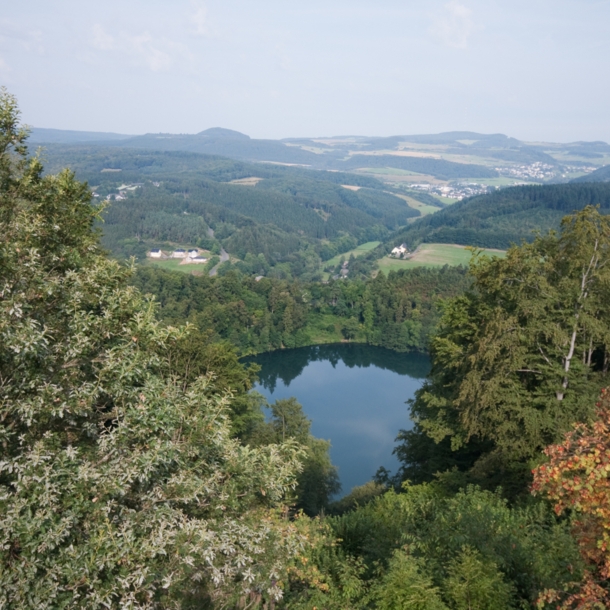 Blick über eine sommerliche Landschaft mit Seen