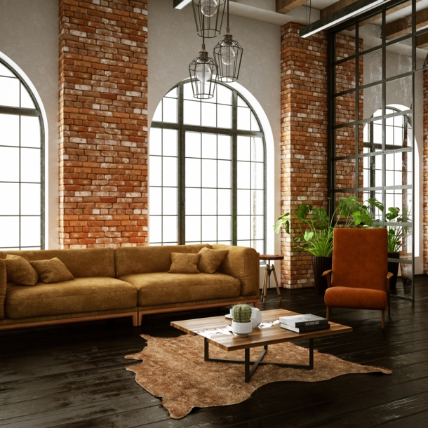 Ein Wohnzimmer, das im Industrial Style eingerichtet ist