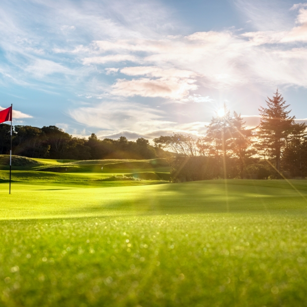 Ein Golfplatz mit wehender Fahne im Sonnenschein