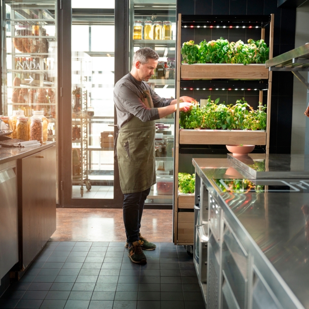 Ein Mann steht in einer Gastronomieküche an einem Indoor-Kräutergarten