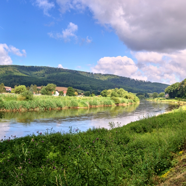 Panorama vom Fernradweg an der Weser im Weserbergland mit grünen Ufern und leicht bewölktem Himmel