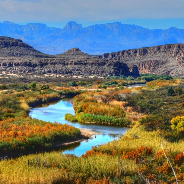 Landschaftspanorama im Big Bend Nationalpark mit mäanderndem Fluss in einer herbstlich gefärbten Graslandschaft vor zwei Gebirgsketten.