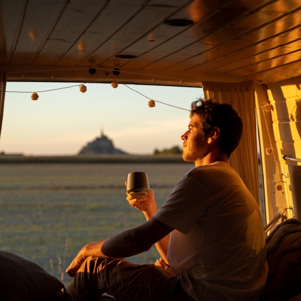 Ein junger Mann sitzt mit einem Kaffeebecher in der Hand im geöffneten Campervan im goldenen Sonnenlicht und blickt hinaus in die Natur.