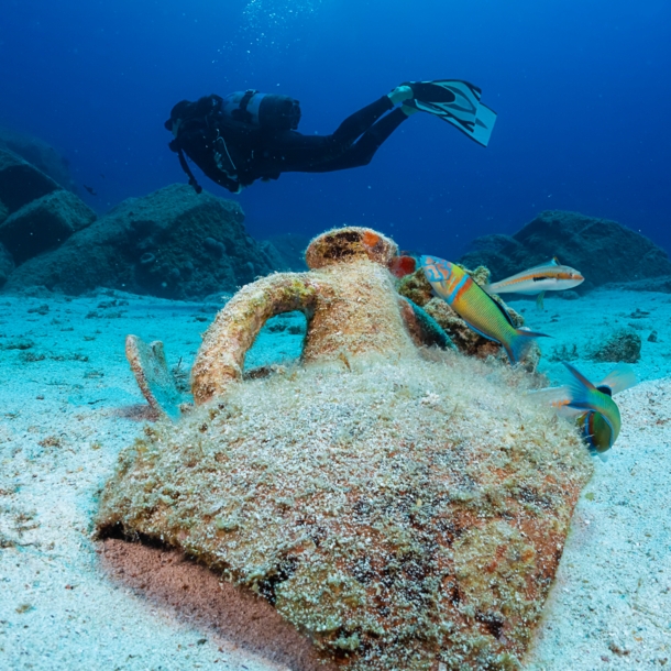 Eine zerbrochene Amphore auf dem Meeresgrund, die von bunten Fischen umgeben ist. Im Hintergrund schwimmt eine Person in Tauchausrüstung.